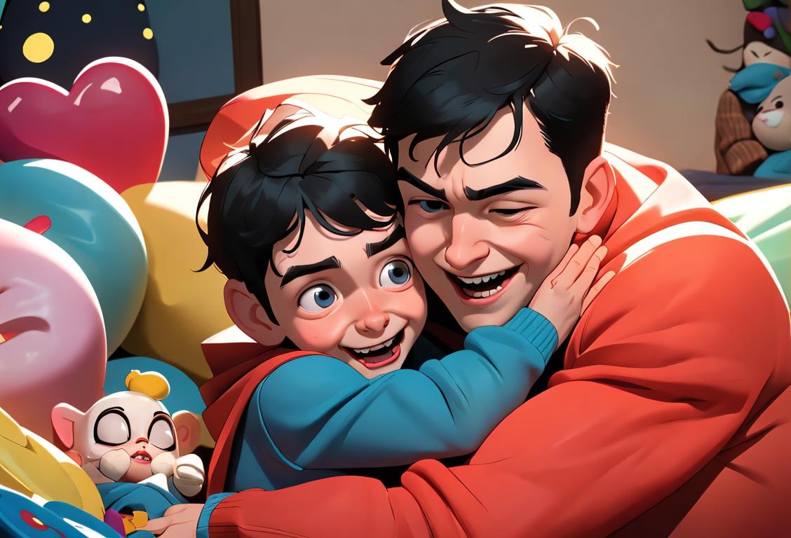 A heartwarming image of a parent embracing their son in a joyful hug, surrounded by scattered toys and homemade crafts. The parent is wearing a cozy sweater, while the son is dressed in a superhero costume. The scene takes place in a cozy living room filled with love and laughter..
