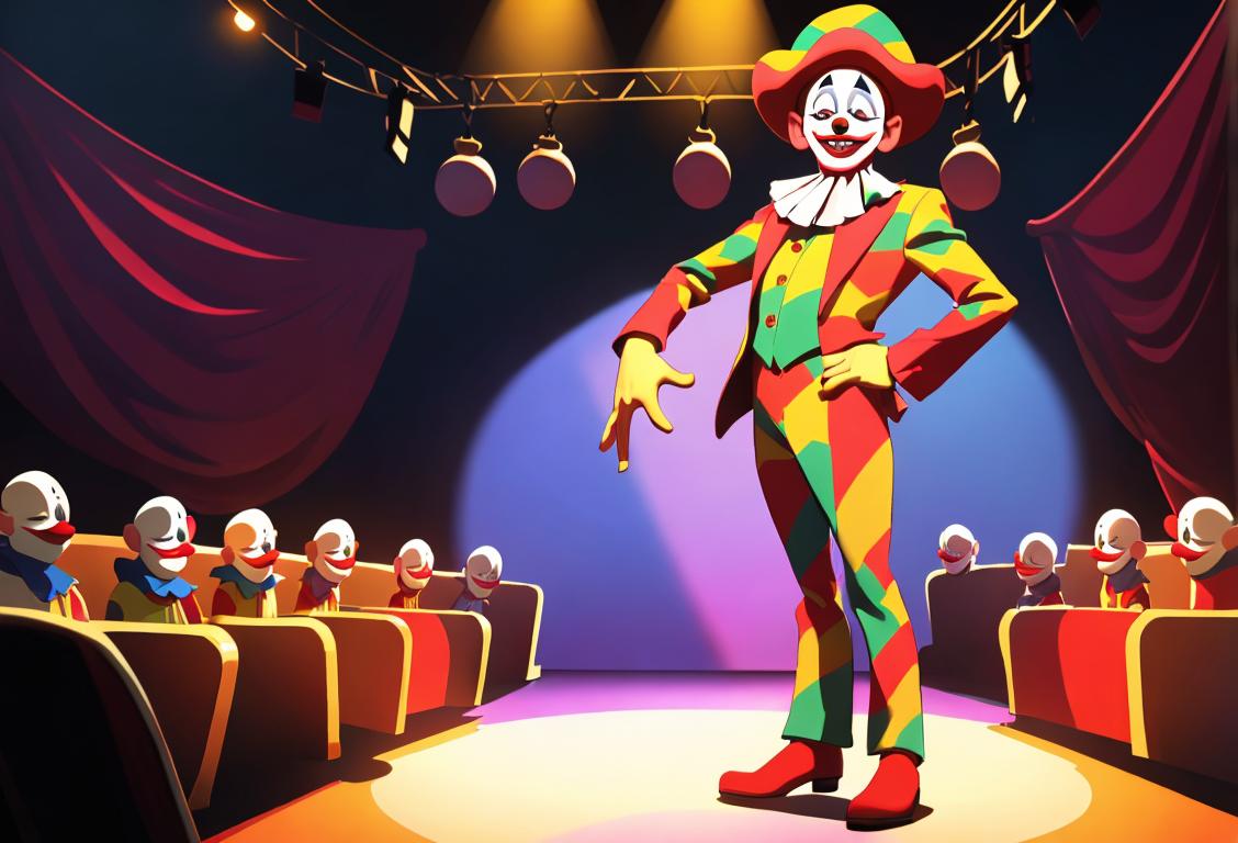 Young man in a clown costume, standing on a stage, surrounded by audience, some wearing funny hats..