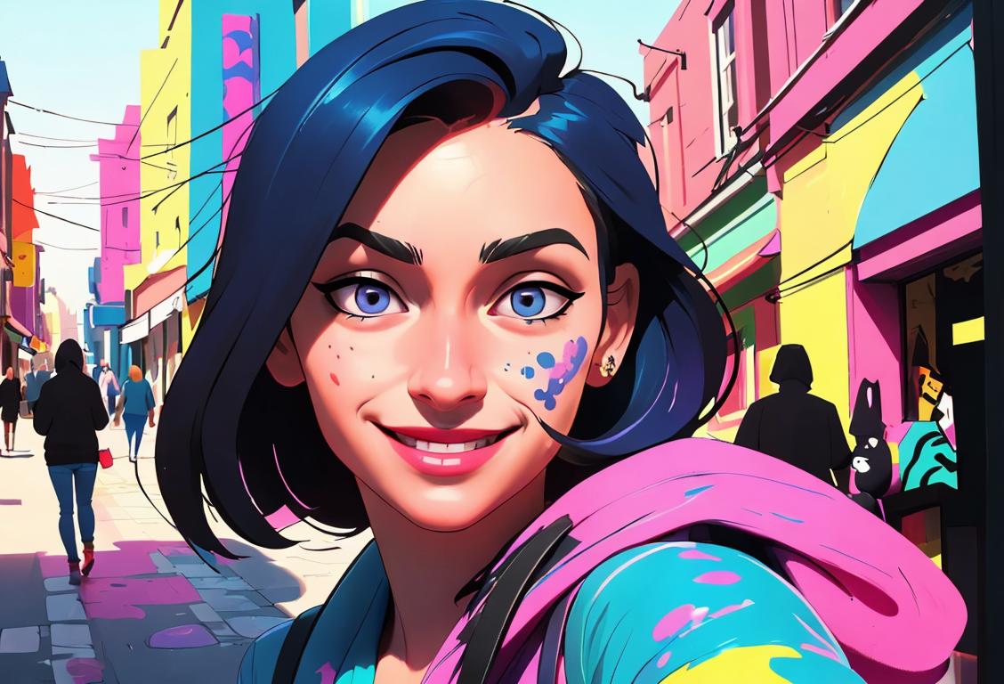 A smiling person with colorful ink on their face, wearing a stylish outfit, vibrant urban setting..
