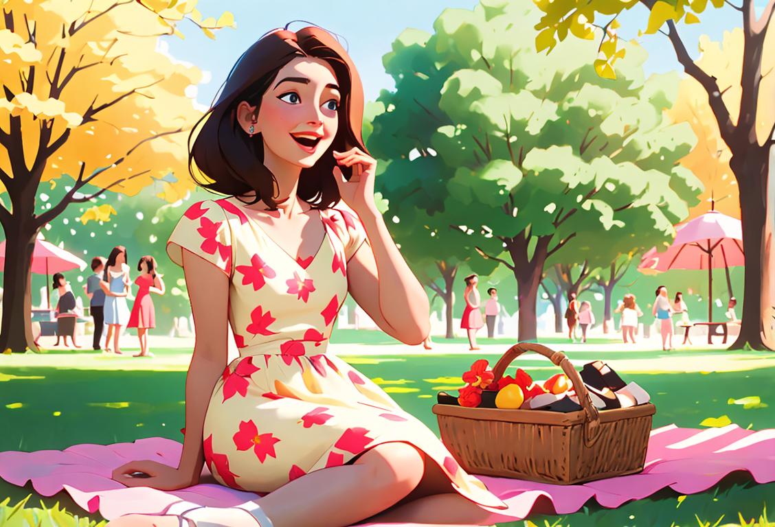 Young woman named Laura enjoying a picnic in a sunny park, wearing a floral dress, surrounded by friends and laughter..