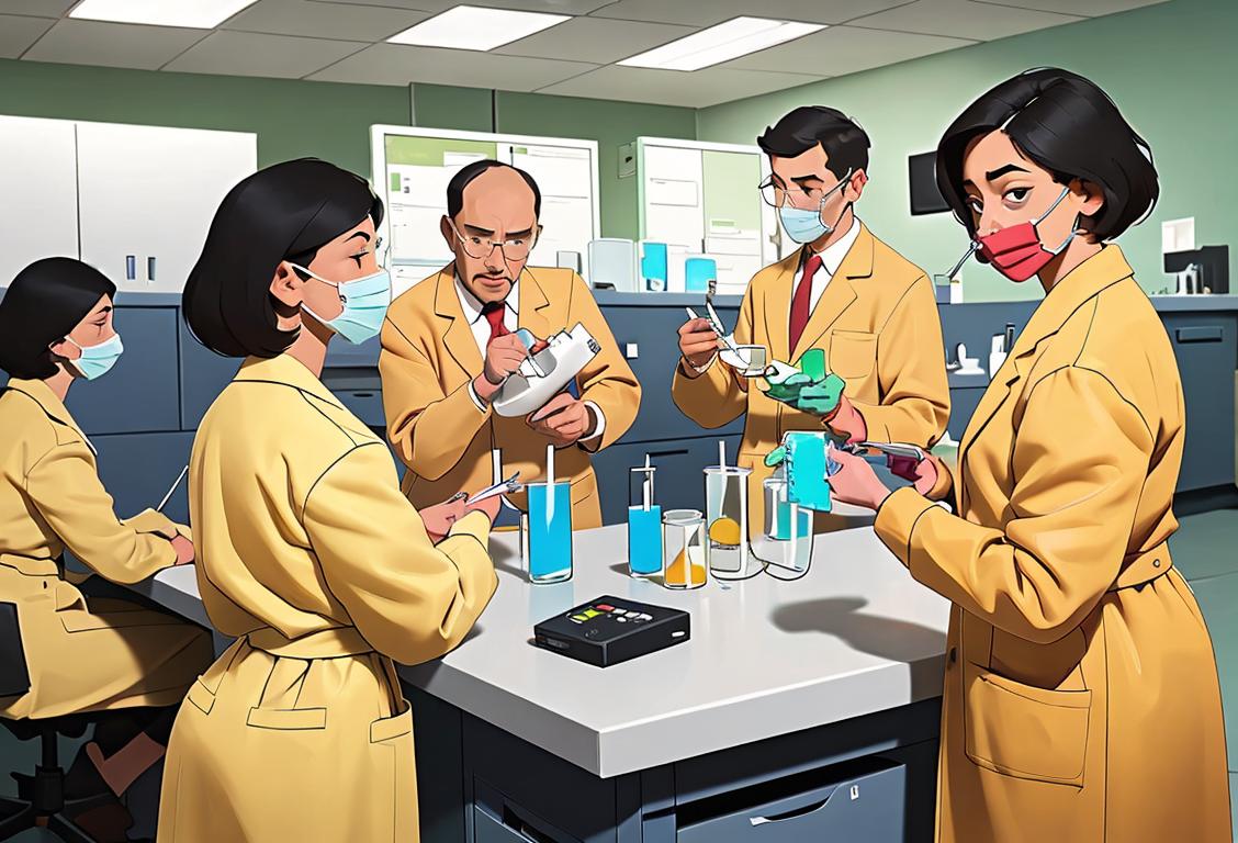 Group of diverse individuals in professional attire, holding urine sample cups, in a modern laboratory setting with medical equipment and a backdrop displaying a calendar with the date labeled as National Drug Test Day..