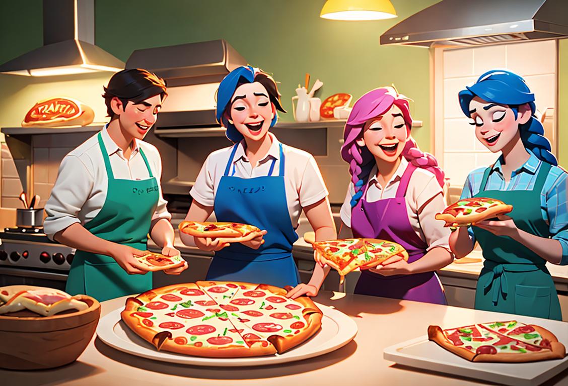 Joyful group of people enjoying a frozen pizza party, wearing colorful aprons, with a lively kitchen atmosphere..