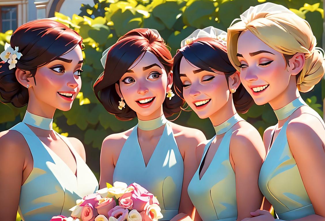 A group of diverse bridesmaids in elegant dresses, holding bouquets, laughing together in a beautiful garden setting..