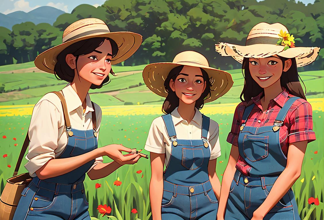 A group of happy farm workers wearing straw hats, plaid shirts, and denim overalls, working together in a vibrant green field..