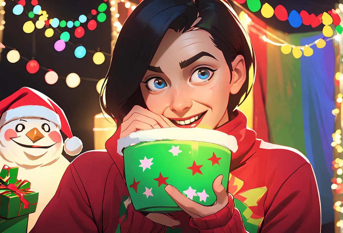 Cheerful person wearing a colorful Christmas sweater, surrounded by a lively holiday party atmosphere with decorations and lights..