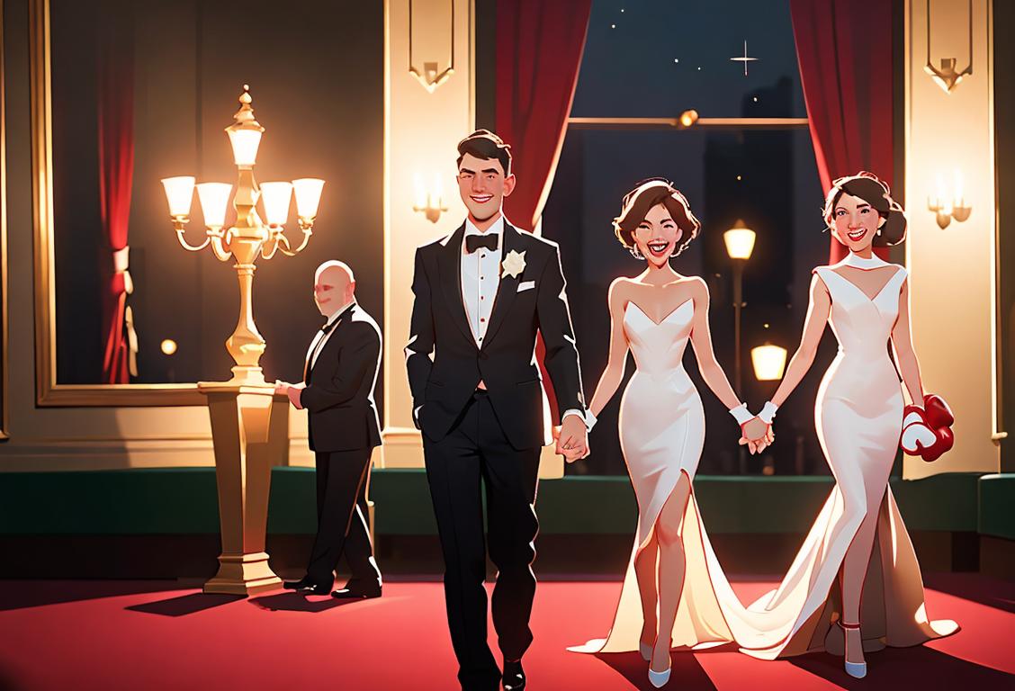 A cheerful group of people wearing elegant evening wear, smiling and enjoying themselves, with a backdrop of twinkling lights and festive decorations..