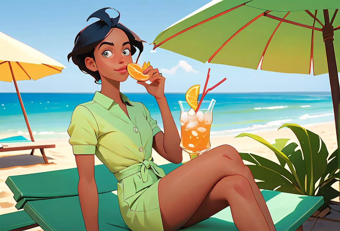 Playful image of a person enjoying a refreshing cole drink at a sunny beach, wearing stylish summer attire, surrounded by vibrant cole plants..