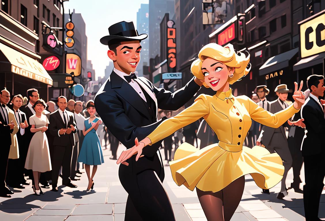 Young man and woman in shiny tap shoes, dressed in stylish vintage attire, dancing on a New York City street, surrounded by a crowd of smiling onlookers..