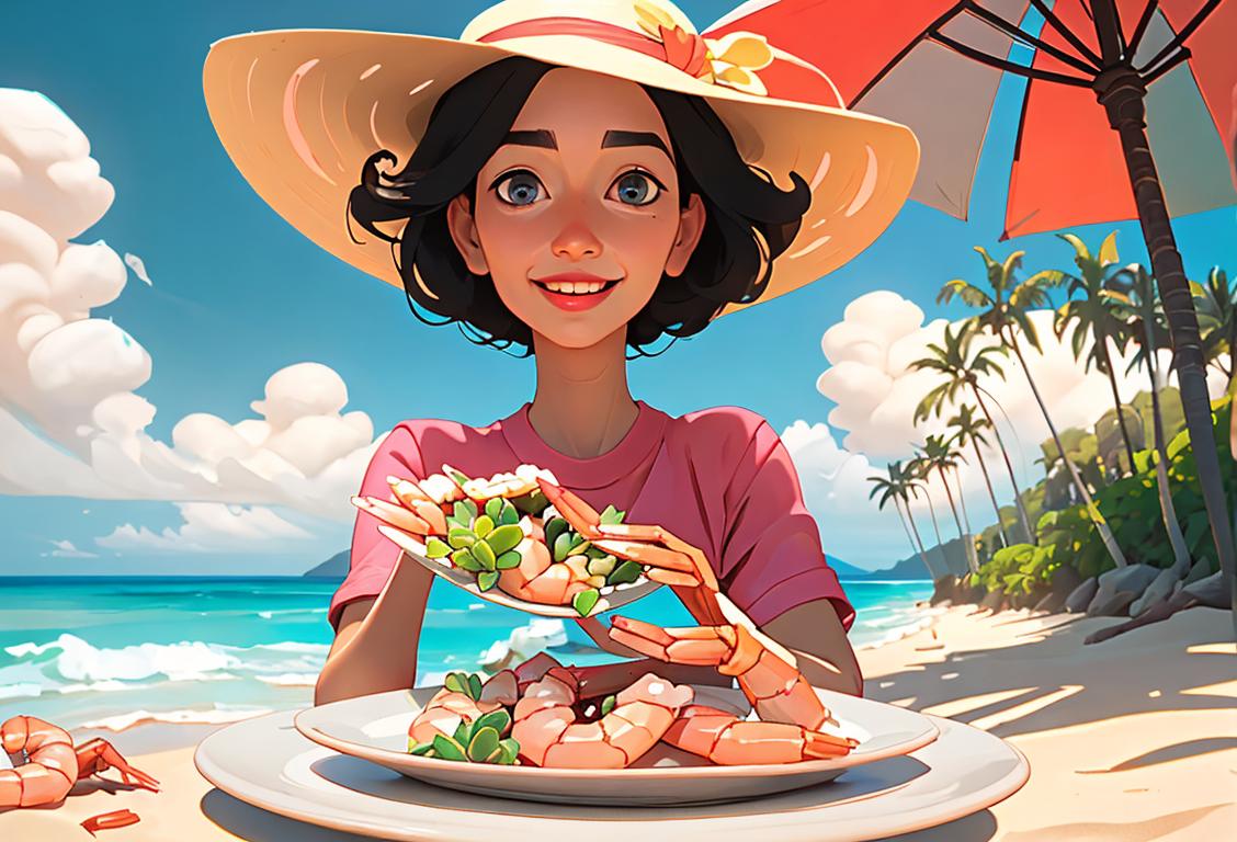 A joyful person holding a plate of succulent shrimp, wearing a beach hat, tropical vacation setting, surrounded by palm trees and ocean waves..