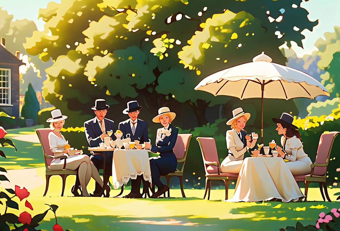Group of people sipping tea and enjoying scones on a sunny garden, wearing fancy hats, elegant vintage fashion, English countryside setting..