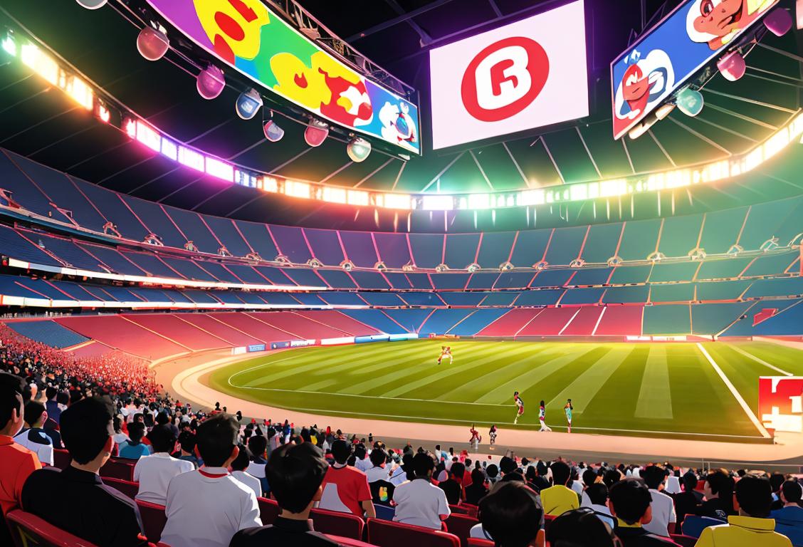 A diverse group of people cheering in the stands of the Tokyo Stadium, wearing colorful jerseys, representing different sports, and surrounded by flashing lights..