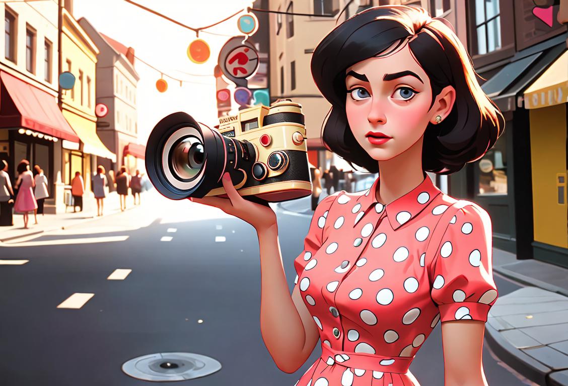 Young woman holding a vintage camera, wearing a polka-dot dress, retro fashion, colorful street scene..