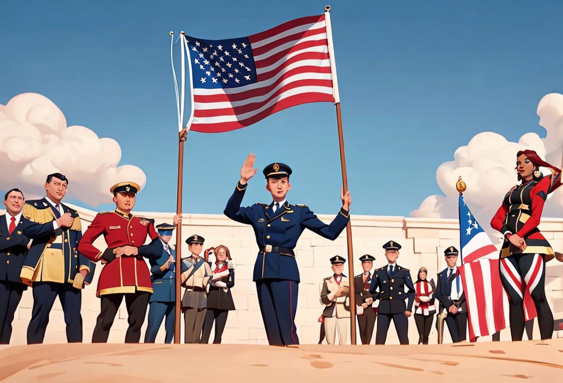 A diverse group of people, dressed in different uniforms, with diverse backgrounds, standing in front of a waving American flag..