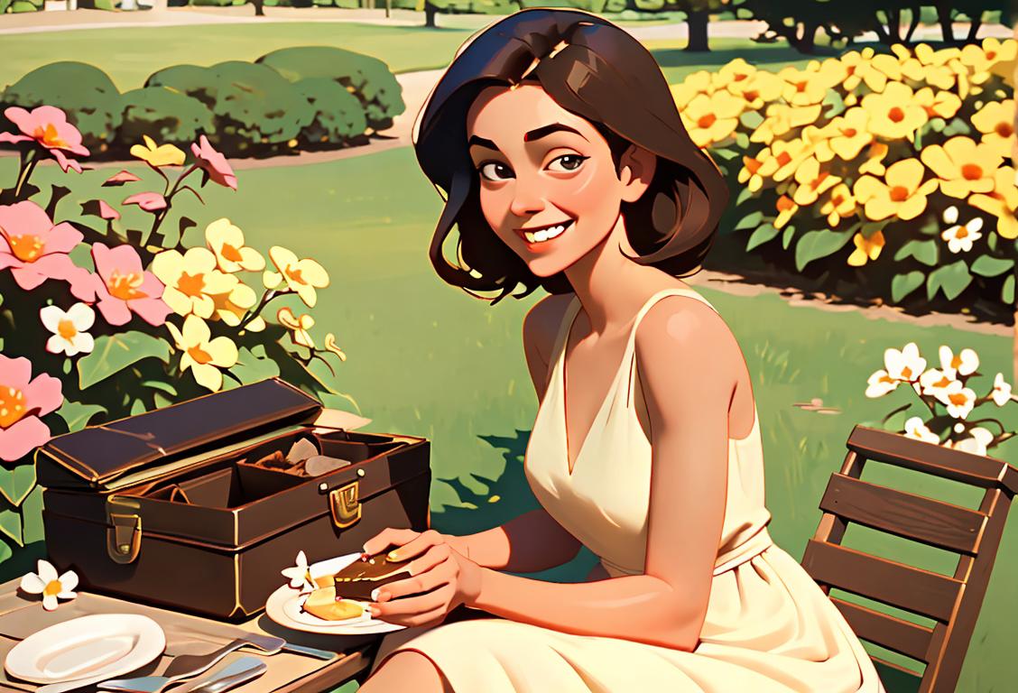 Young woman enjoying a molasses bar with a smile, wearing a vintage sundress, picnic setting with colorful blossoming flowers..