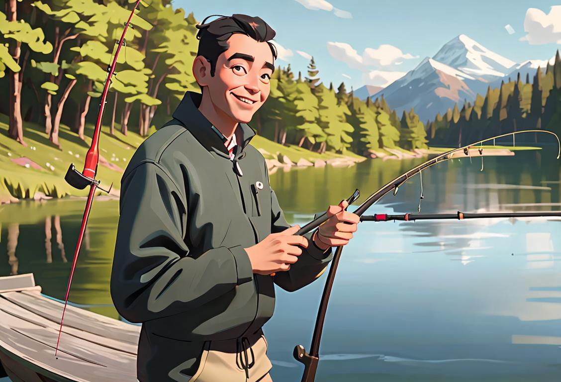 Happy person holding a fishing pole, wearing outdoor attire and surrounded by a scenic nature backdrop..