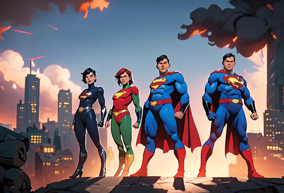 A group of diverse individuals dressed in superhero costumes, striking heroic poses against a cityscape backdrop..