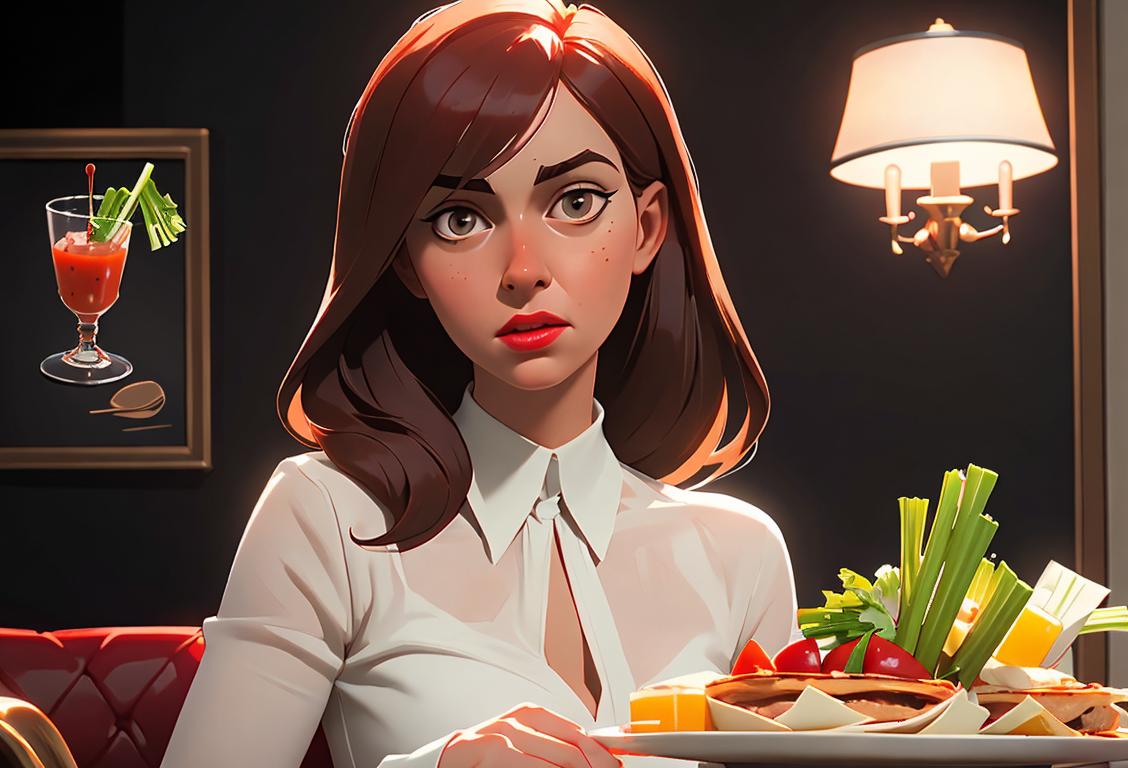 Young woman garnishing a Bloody Mary with celery, wearing a trendy outfit, brunch restaurant setting.