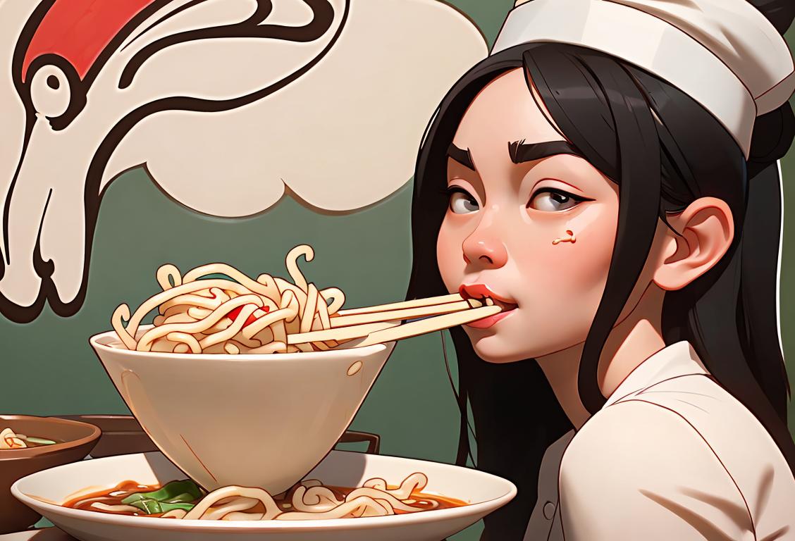 A joyful young woman slurping noodles with chopsticks, wearing a cute chef's hat, traditional Chinese restaurant setting..