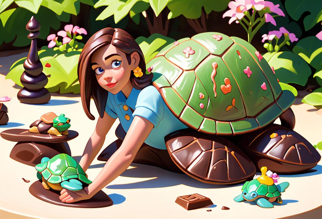 Young woman surrounded by various items representing different things to celebrate on National Everything Day: a chocolate bar, a turtle figurine, and a pair of mismatched socks. She is wearing a colorful outfit and appears to be enjoying the festivities in a whimsical garden setting..