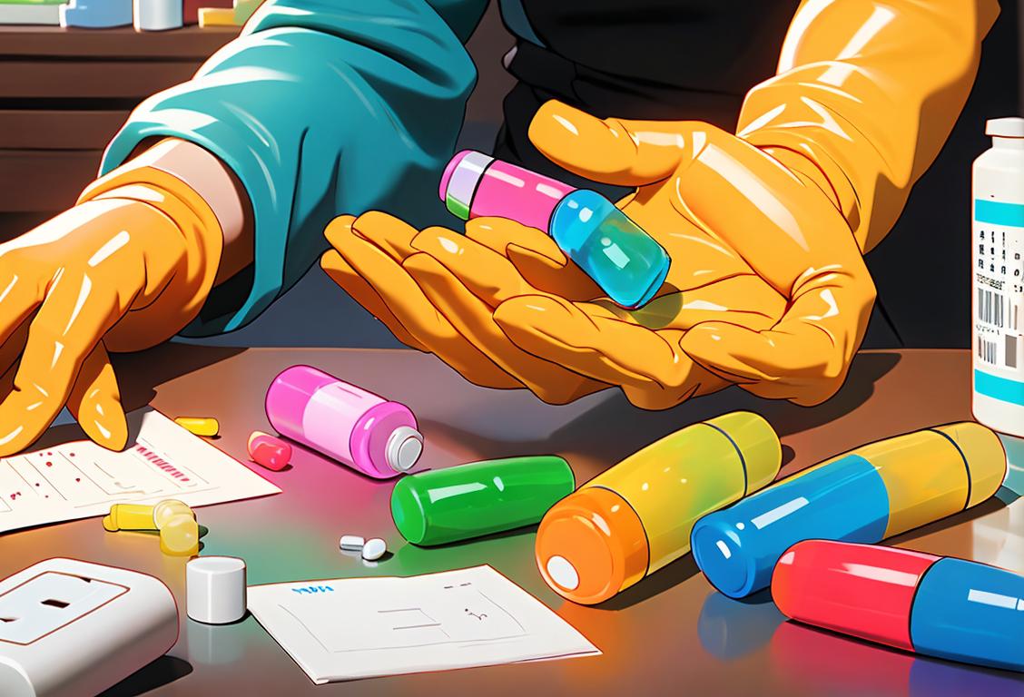 Brightly colored prescription pill bottles in a neat row, with a hand wearing latex gloves reaching in to dispose of them on National Prescription Drug Takeback Day.
