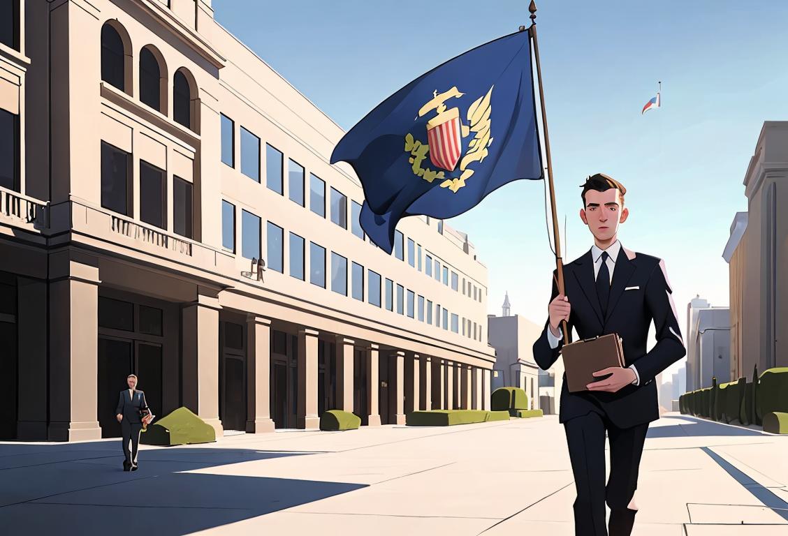 Young man dressed in a suit holding a briefcase, walking confidently towards a modern government building, with flags waving in the background..