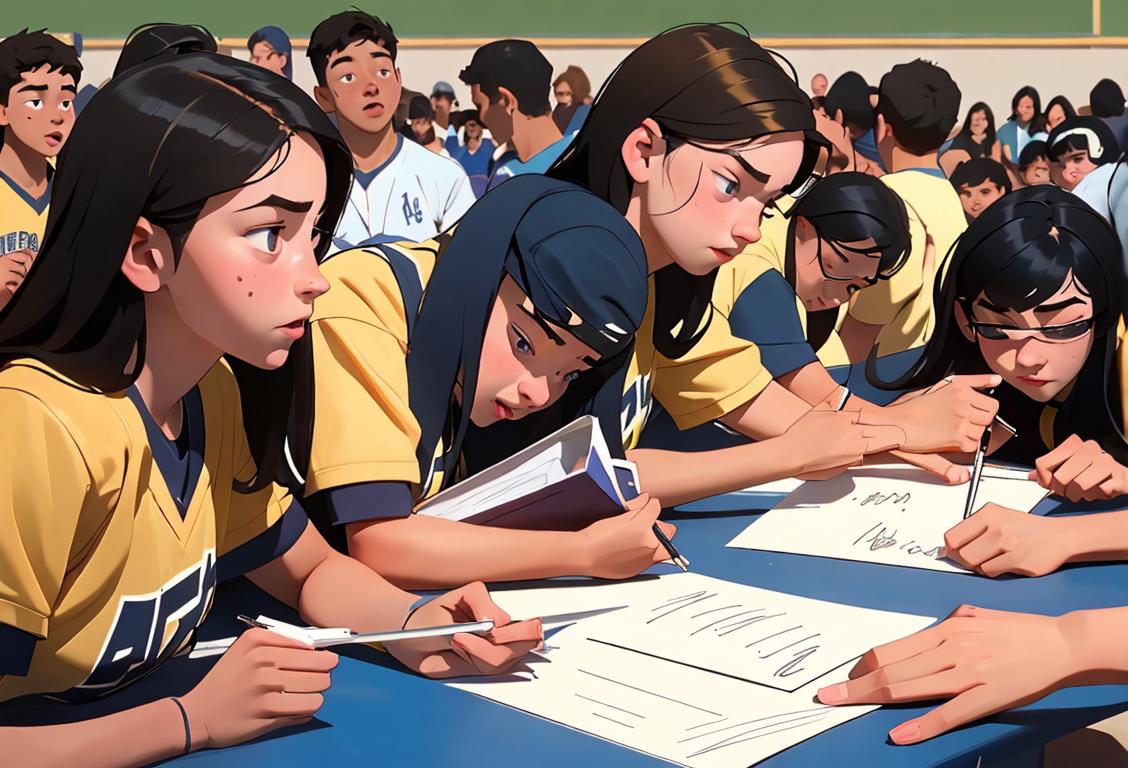 Young high school athletes signing letters of intent, wearing jerseys, surrounded by a crowd of excited supporters..