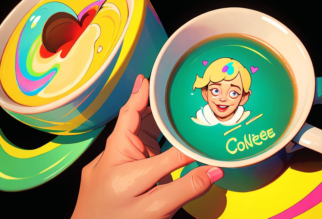 A joyful person holding a mug with a mysterious word 'covfefe' written on it, surrounded by bright and colorful nonsensical objects..
