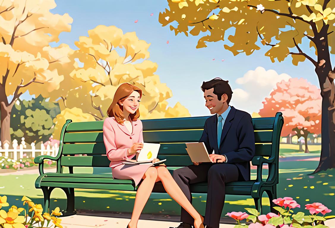 Two individuals sitting on a park bench, one holding a book, the other with a laptop, smiling and engaged in conversation, surrounded by blooming flowers and a sunny sky..