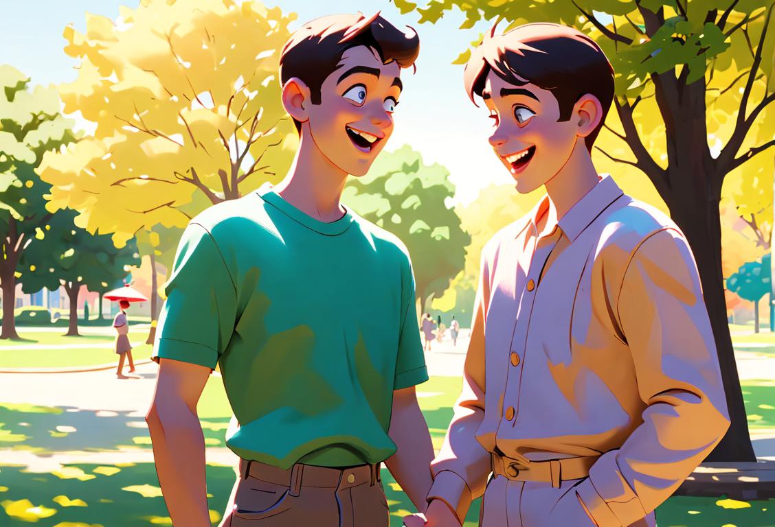 Two brothers, dressed casually, standing side by side, laughing and holding hands, in a park on a sunny day..