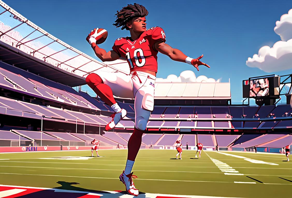 Lamar Jackson throwing a football in a stadium, fans cheering, wearing a jersey, energetic atmosphere..