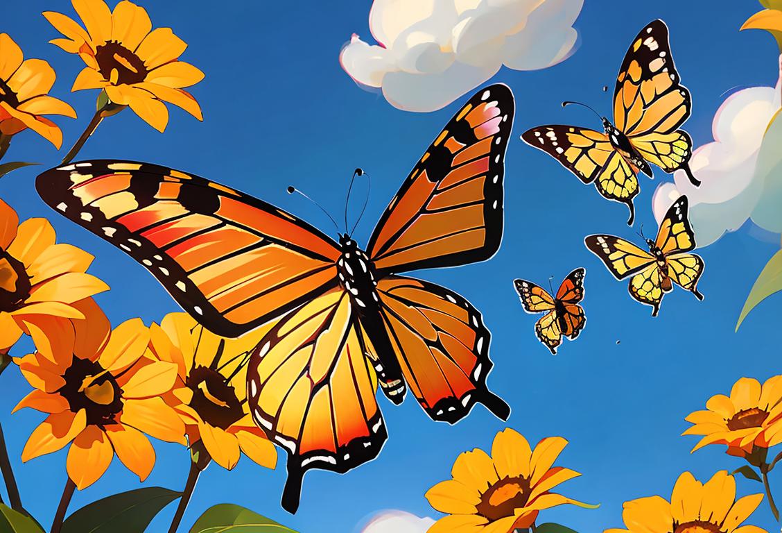 A group of colorful monarch butterflies taking flight, fluttering amidst a blooming flower garden, while a child gazes in wonder..