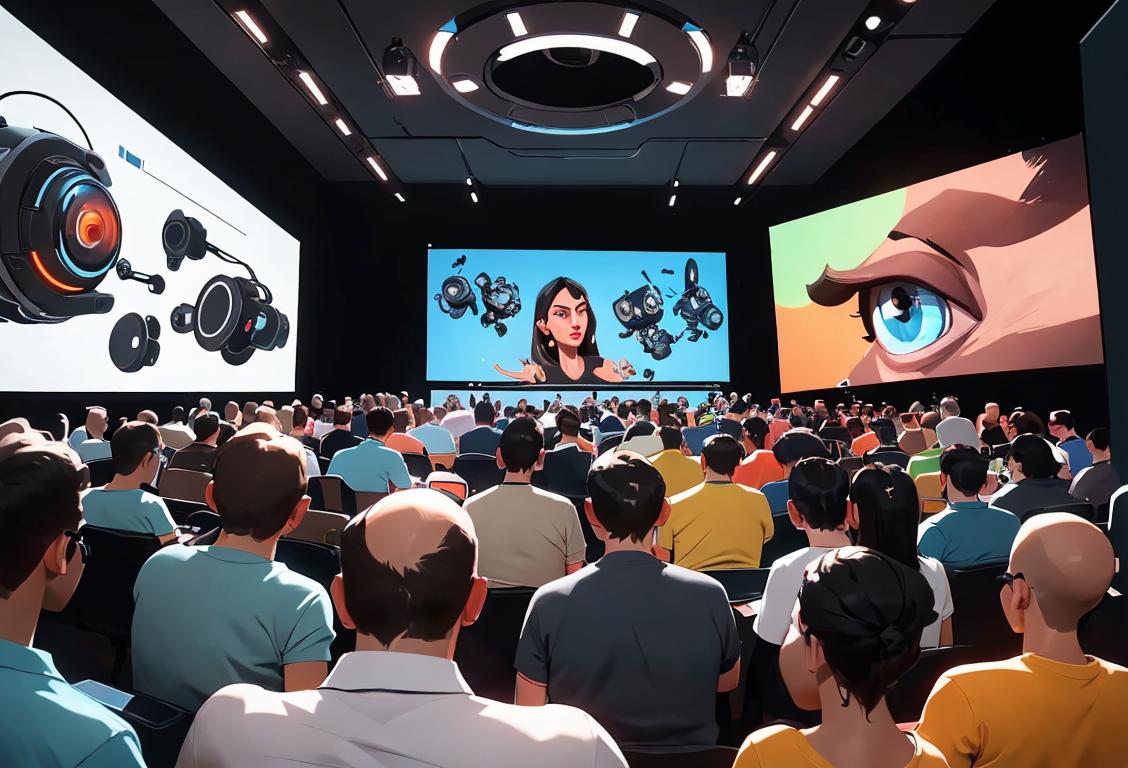 A group of diverse tech enthusiasts wearing geeky shirts, surrounded by futuristic gadgets, in a bustling tech conference hall..