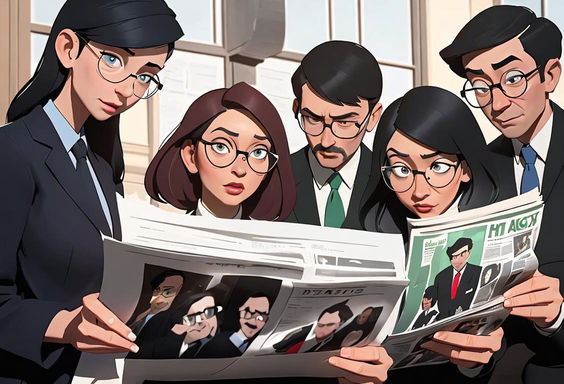 A diverse group of people holding magnifying glasses, examining a newspaper article, wearing a mix of casual and professional attire, diverse city setting..