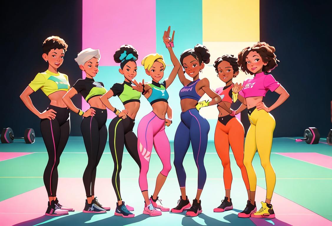 A group of diverse individuals in workout gear, showcasing strong and toned legs at a gym. They are high-fiving each other and have big smiles on their faces, radiating positivity. The scene is full of energy and motivation, with colorful fitness equipment in the background. One person is wearing stylish leggings with a vibrant pattern, and another is sporting trendy sneakers. The atmosphere is supportive and encouraging, emphasizing the importance of leg health and celebrating National Leg Day..