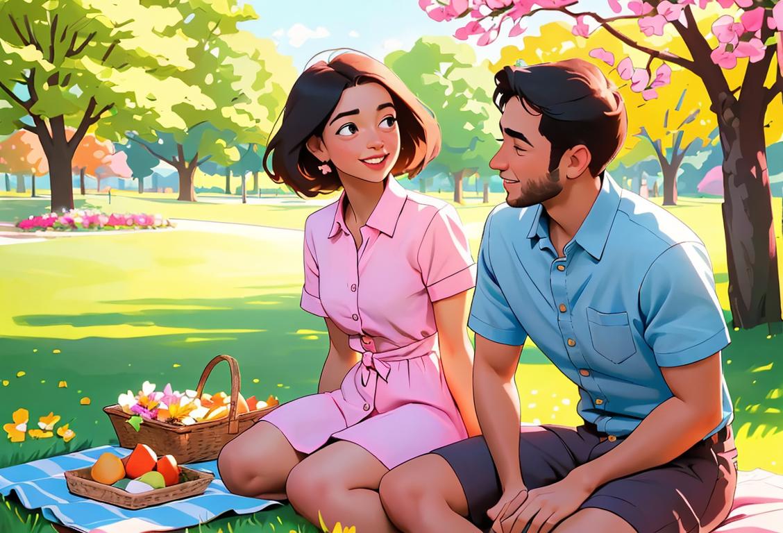 A loving couple sitting on a picnic blanket, surrounded by blooming flowers in a park. The woman is wearing a cute summer dress, while the man is wearing a trendy button-up shirt and shorts. The scene is filled with vibrant colors and warm sunlight, creating a joyful atmosphere. .