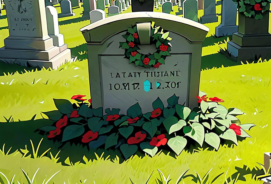 Close-up image of hands gently placing a wreath on a tombstone in a peaceful, green cemetery surrounded by tall trees and American flags..