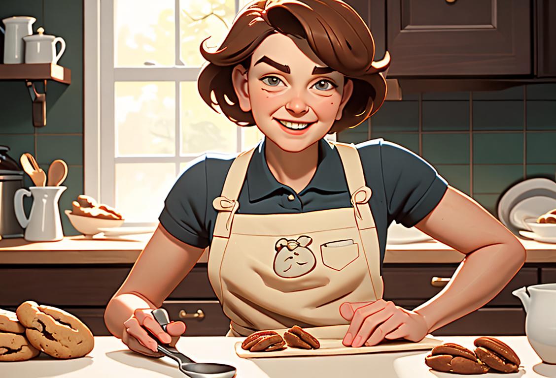 A cheerful person enjoying a pecan sandie cookie while sitting in a cozy kitchen with baking utensils and a vintage apron..