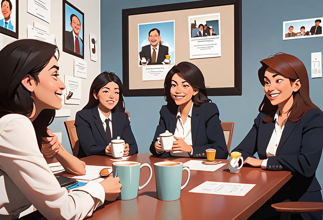 Group of diverse employees gathered around a conference table, smiling and holding coffee mugs. Office setting with motivational posters on the walls..