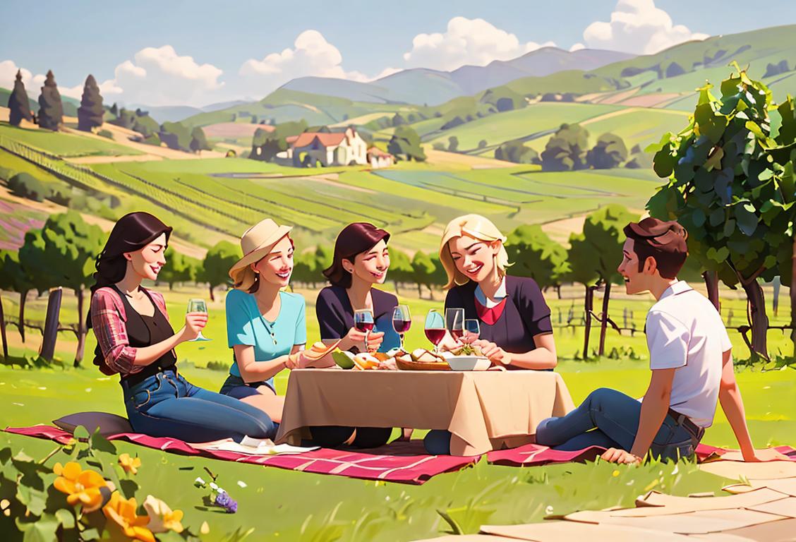 A group of friends enjoying a picnic in a beautiful vineyard, dressed in trendy attire, with a rustic countryside backdrop..