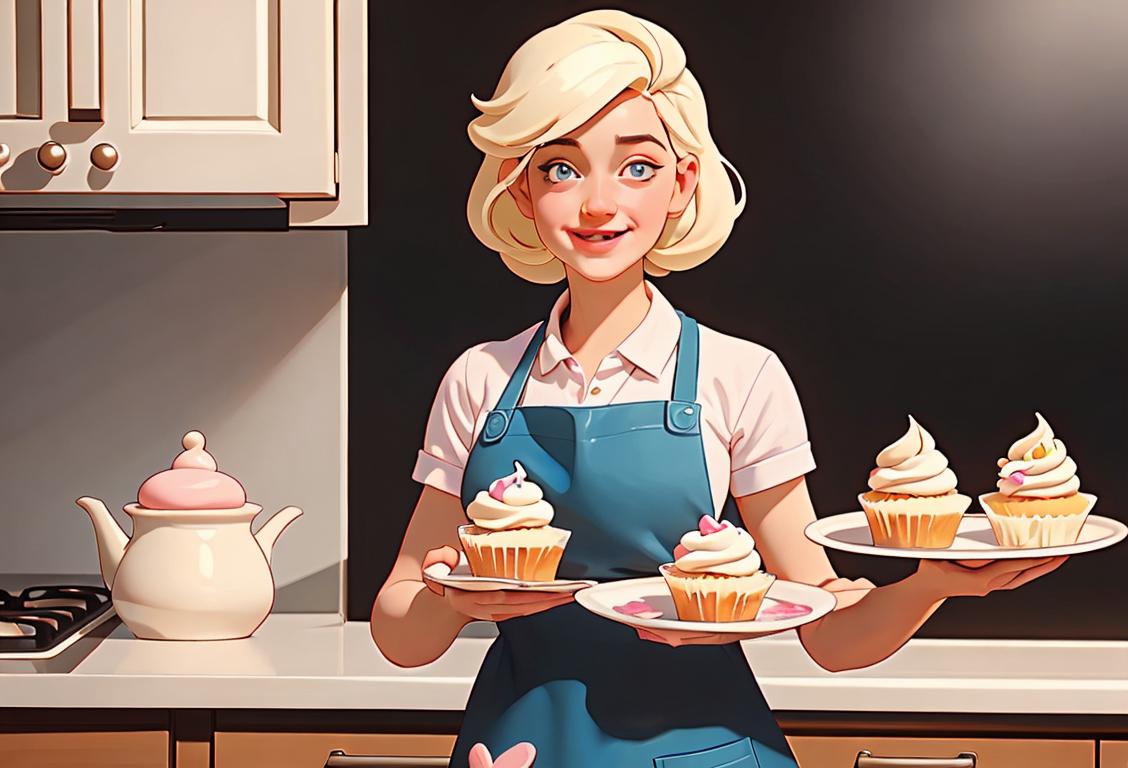 A joyous baker holding a tray of deliciously frosted vanilla cupcakes, wearing a cute apron, surrounded by a whimsical kitchen scene..