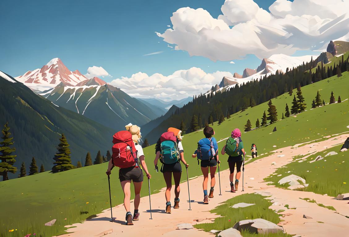 A group of diverse hikers smiling and exploring a majestic mountain landscape, wearing outdoor gear and carrying backpacks..