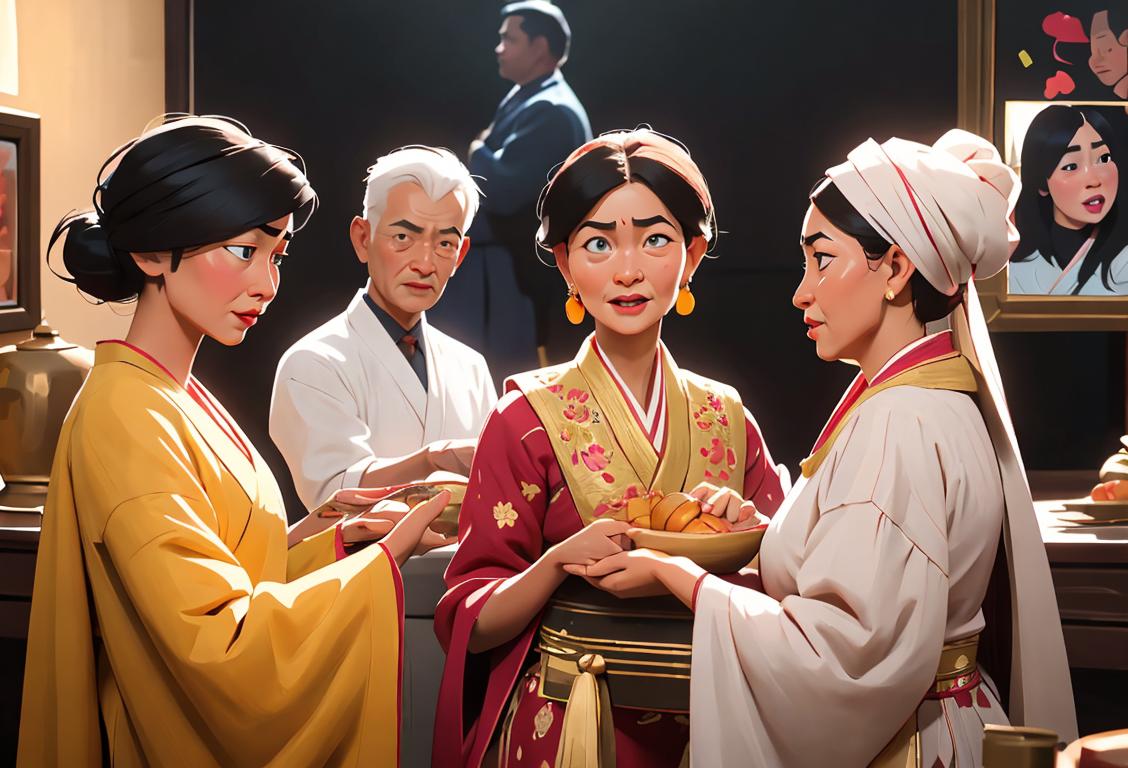 A diverse group of people speaking different languages, dressed in traditional clothing, in a vibrant cultural setting..