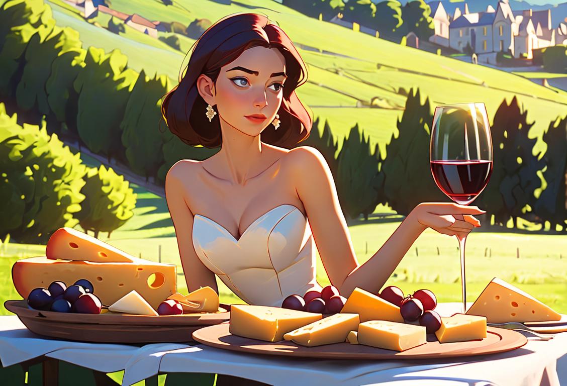 Elegant woman holding a wine glass, wearing a sophisticated dress, French countryside picnic scene with cheese platter..