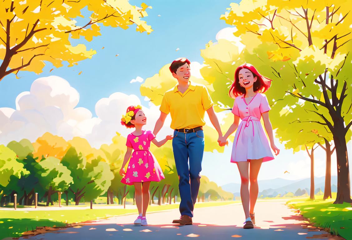 Scene of a cheerful family outdoors, dressed in bright colors, enjoying nature and spreading positivity on National Good Day..