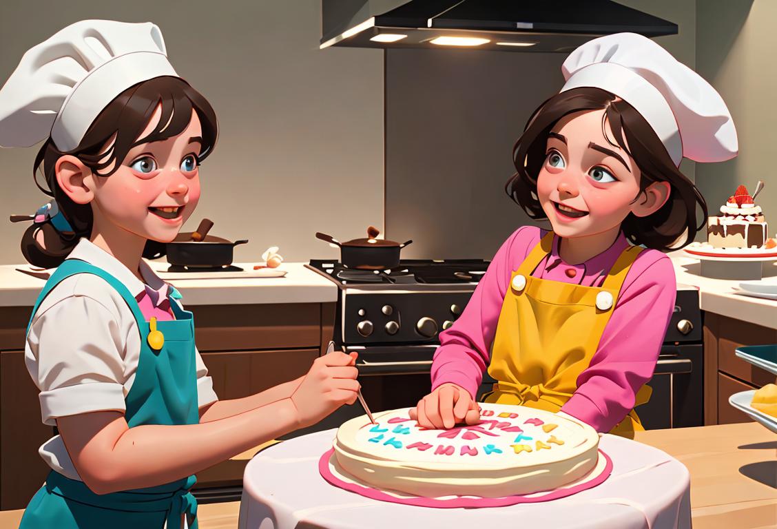 Joyful children decorating a large cake together, wearing aprons and chef hats, in a brightly lit kitchen..