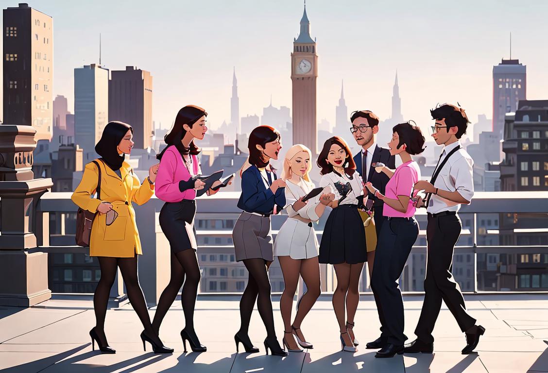 A diverse group of people excitedly solving math problems, dressed in trendy attire, against a modern city backdrop..