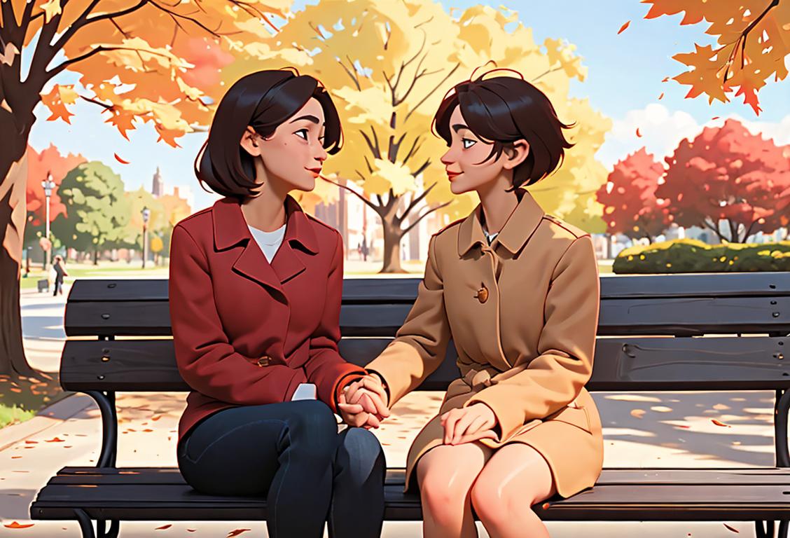 Two best friends, sitting on a park bench, holding hands, with autumn leaves falling around them..