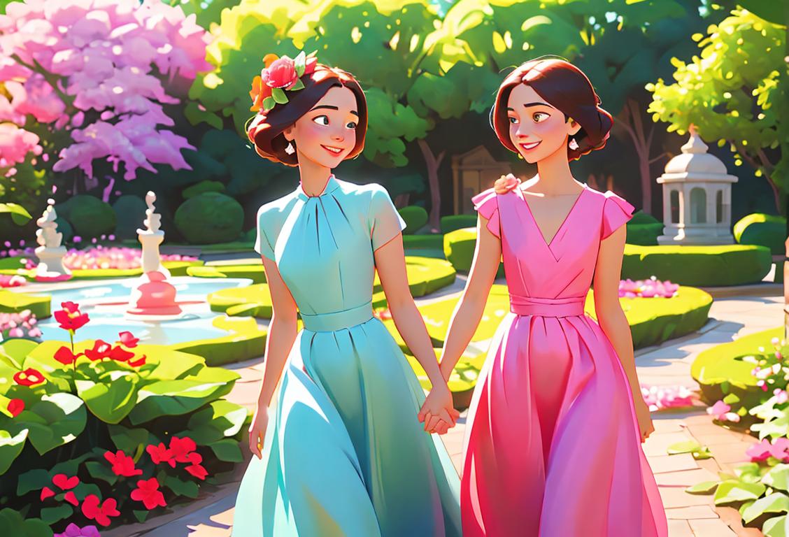 Two sisters holding hands, smiling in a vibrant garden, wearing flowy dresses, surrounded by colorful flowers..