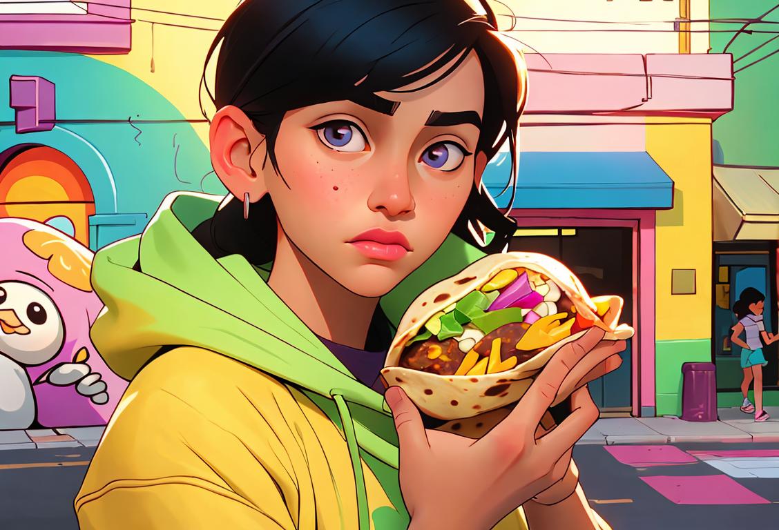 Young person holding a burrito with colorful ingredients, urban street setting, casual fashion with a hint of Mexican influence..