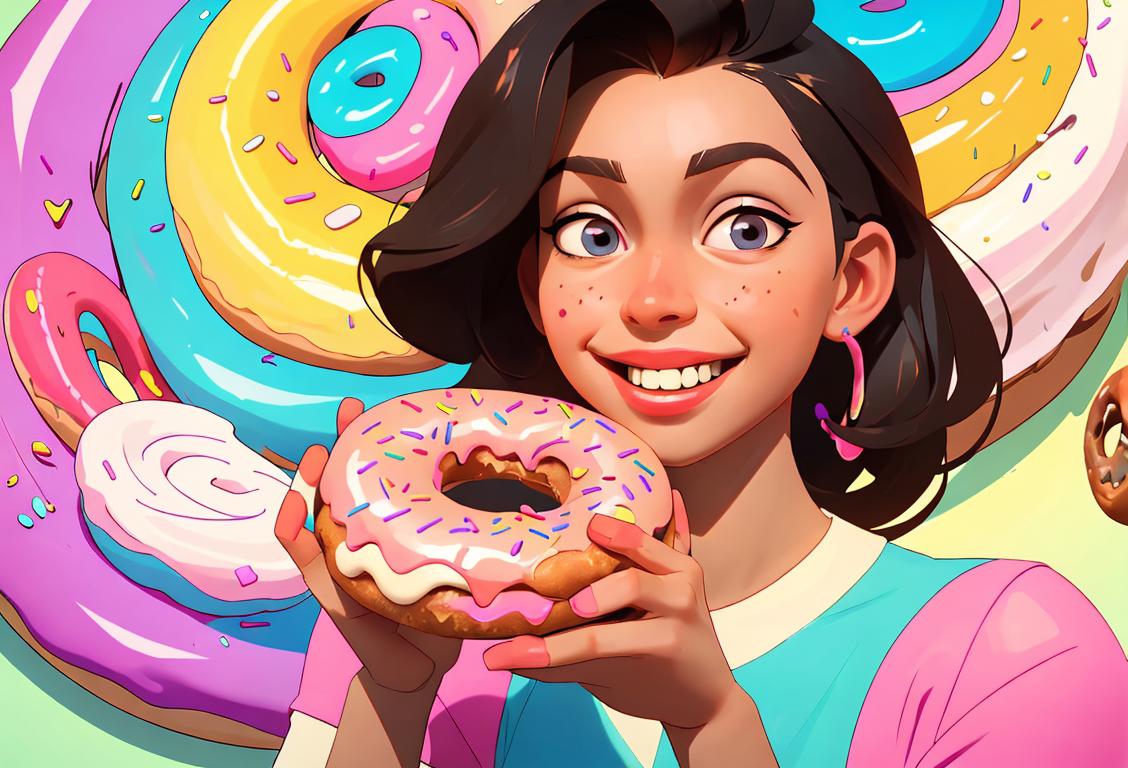Young girl with a big smile, eating a colorful donut and holding an ice cream cone, in a vibrant candy shop.